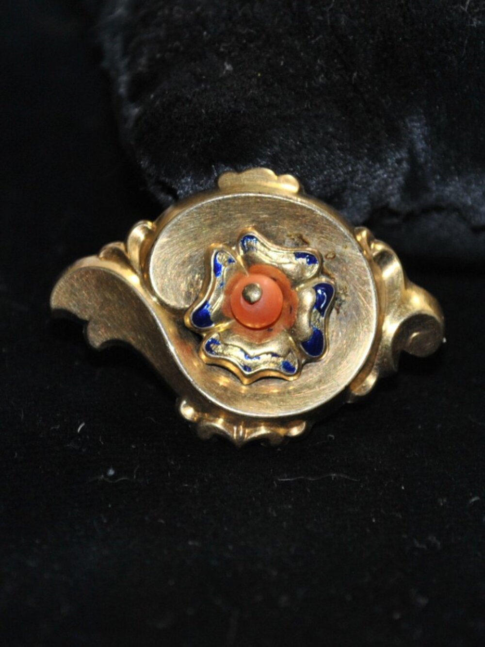 Flawed! Antique Victorian Gold-filled Brooch with Coral Bead & Blue Enamel